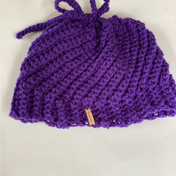 Hat Messy Bun Ponytail Hand Crafted Purple Beanie Crochet Spiral Bow - Picture 7 of 16